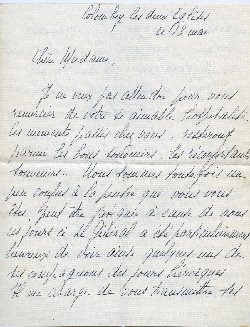 Lettre Yvonne de Gaulle 18 mai 1947